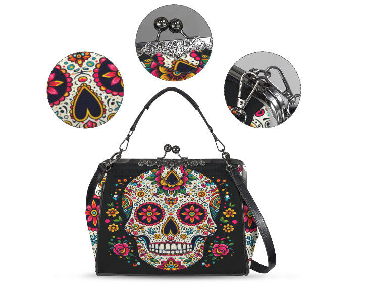 Sugar Skull Day of the Dead Halloween Floral Shoulder Cross Body Bag Satchel NEW Kisslock