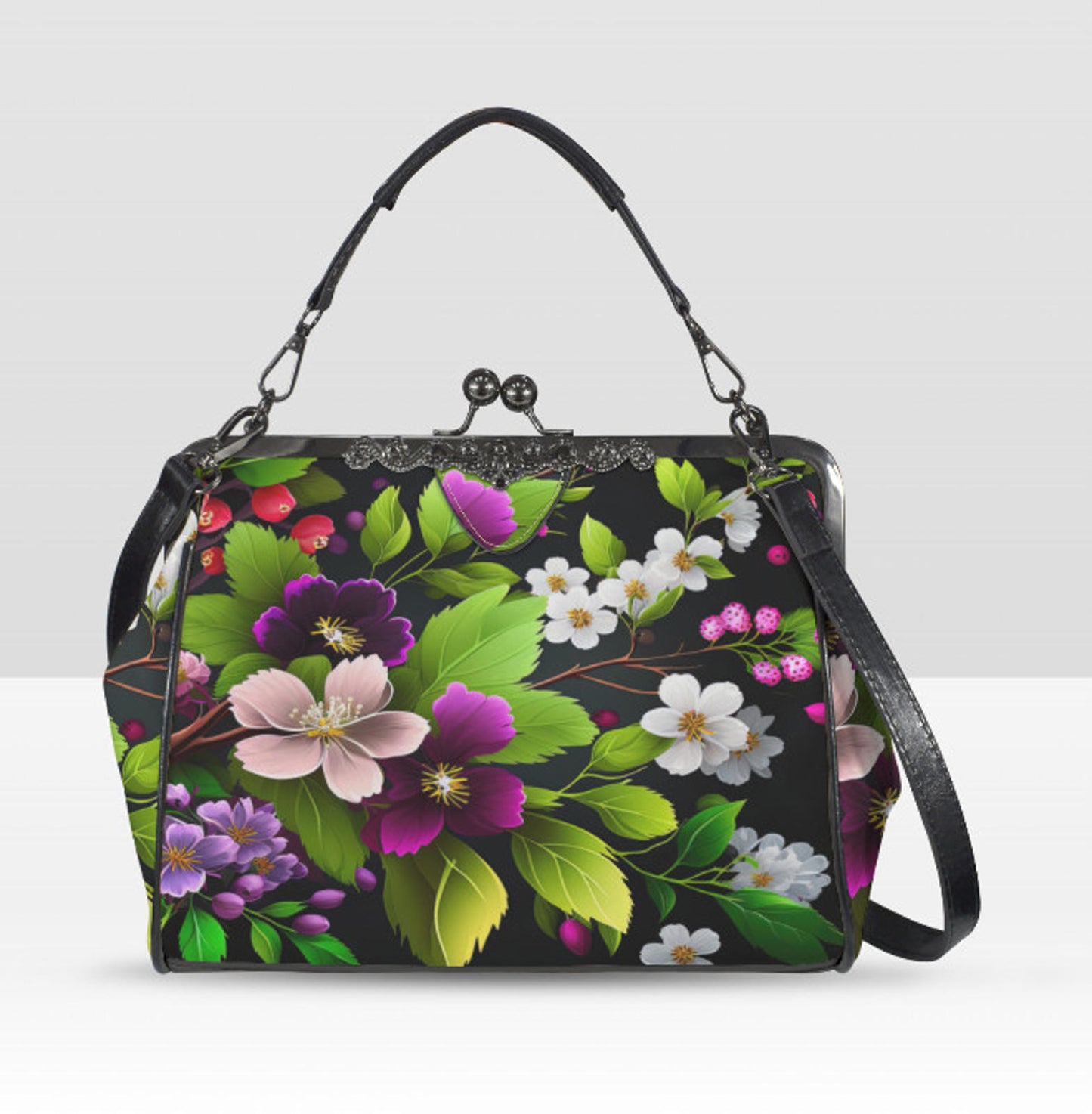 Spring Green White Lavender Flowers Shoulder Cross Body Bag Satchel Mother's Day Kisslock
