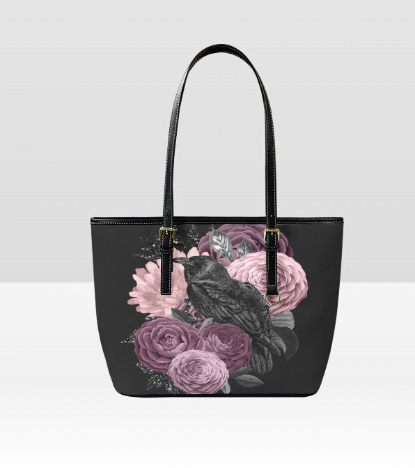 Custom Tote Hand Shoulder Bag 12 X 15 Gothic Crow Purple Lavender Flowers Terrifictrend