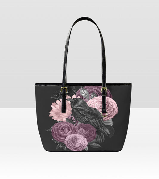 Custom Tote Hand Shoulder Bag 12 X 15 Gothic Crow Purple Lavender Flowers Terrifictrend