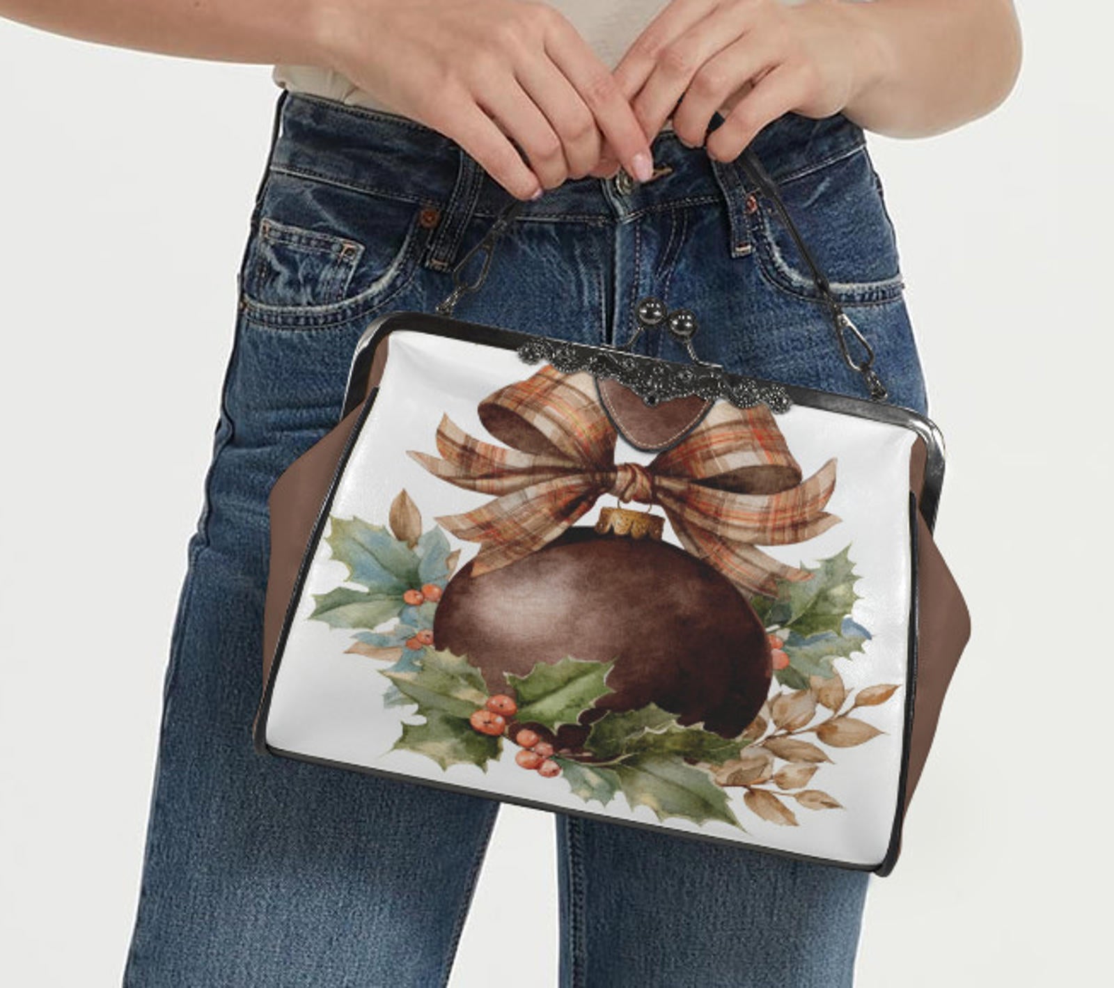 Victorian Brown Christmas Ornament Holiday  Shoulder Cross Body Hand Bag Satchel Kisslock