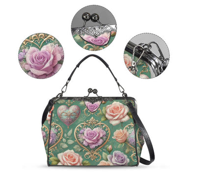 Victorian Vintage Valentine Pastel Rose  Shoulder Cross Body Hand Bag Satchel Kisslock