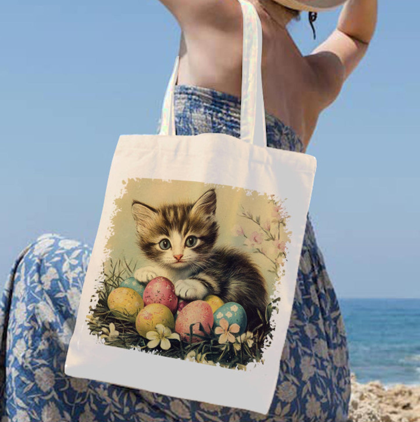 Vintage Easter Kitten Eggs Spring Flowers Canvas Shoulder Tote Bag 15" X 15" TerrificTrend