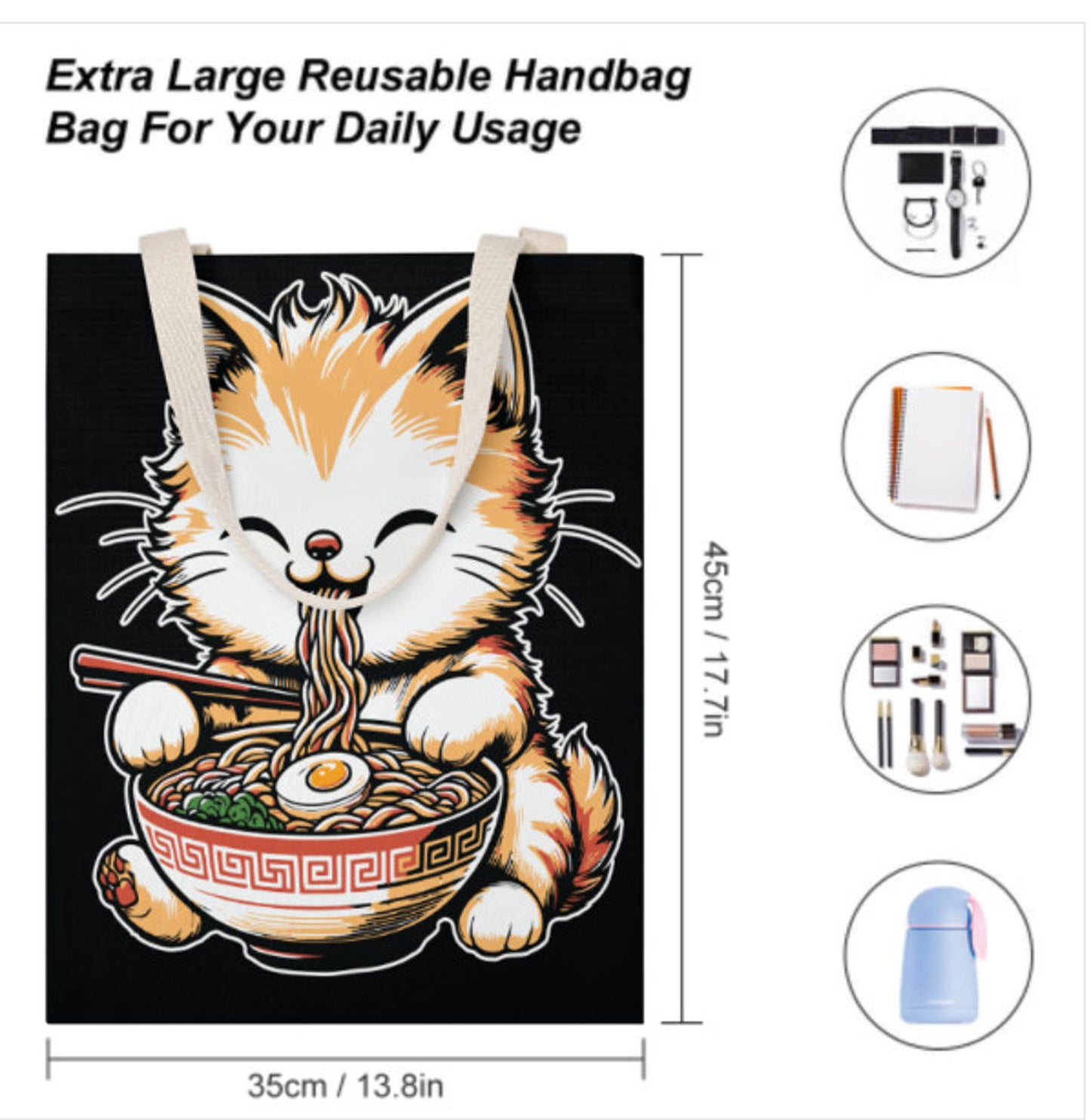 Cute Anime Cat Eating Ramen Reusable Recycled Tote Bag Print on 2 Sides 14 x 18 Terrifictrend