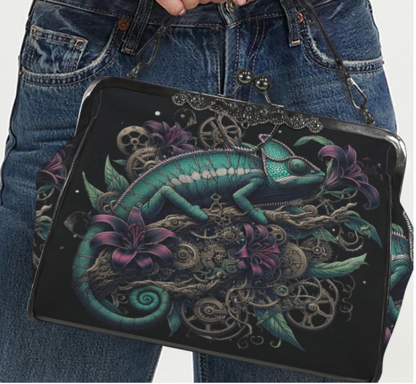 Dark Victorian Steampunk Chameleon Reptile Earth Shoulder Cross Body Bag Satchel Kisslock