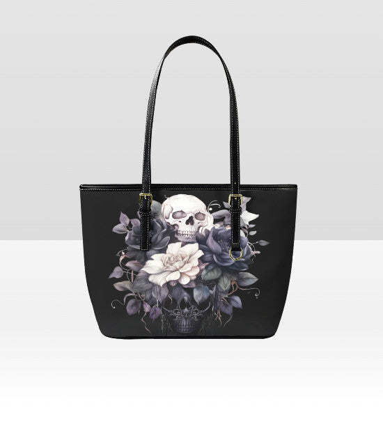 Custom Tote Hand Shoulder Bag 12 X 15 Gothic Black White Dark Flowers & Skull Terrifictrend
