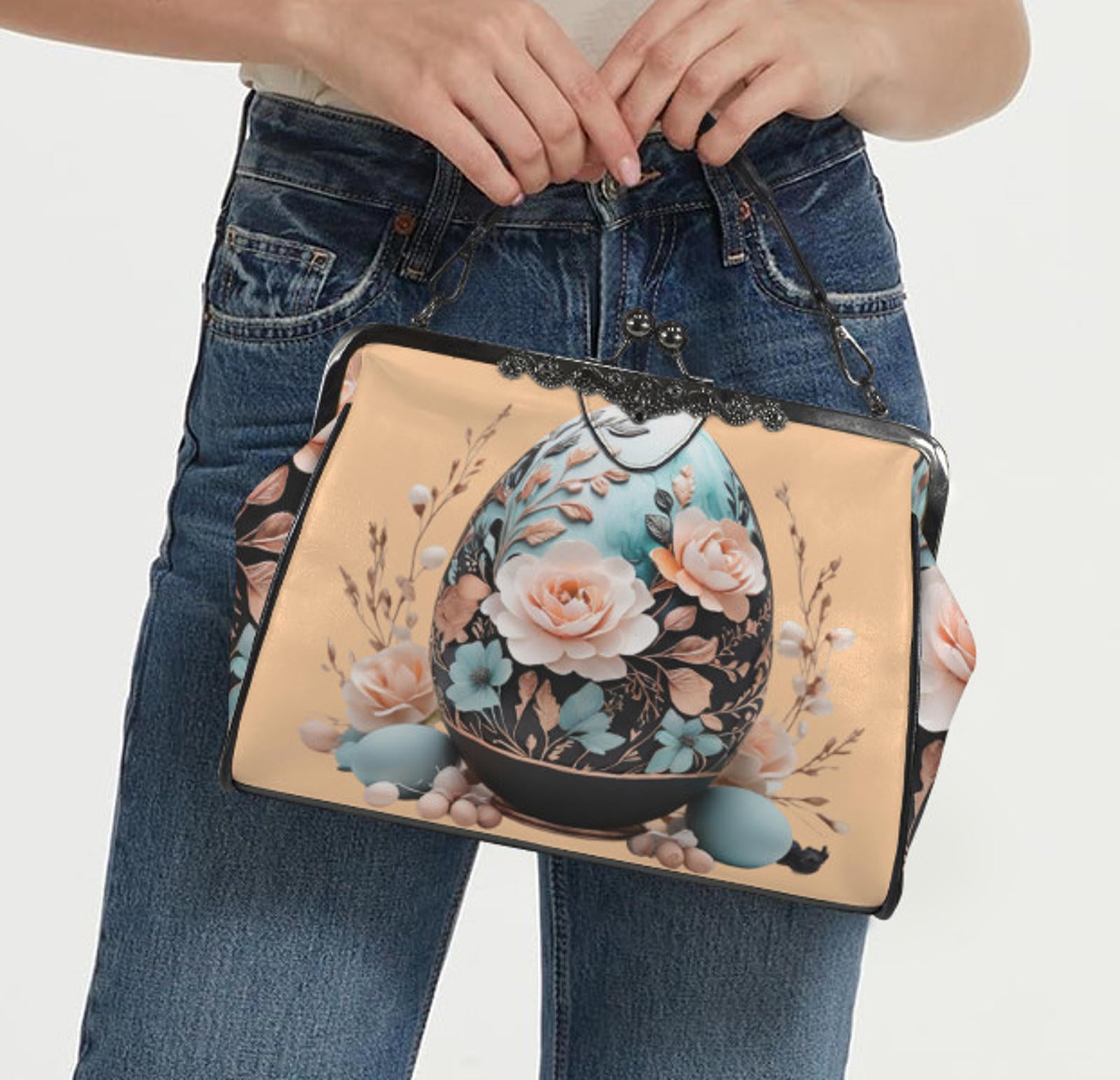Elegant Floral Easter Egg Spring Art Design  Shoulder Cross Body Bag Satchel Kisslock