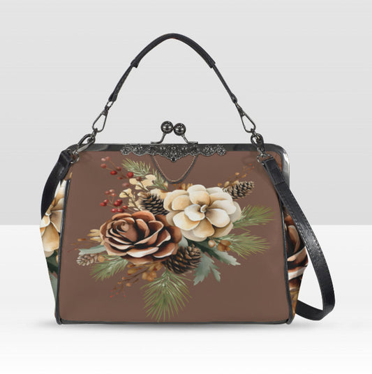 Winter Bown Beige Holiday Flowers Shoulder Cross Body Bag Satchel Christmas Gift Kisslock