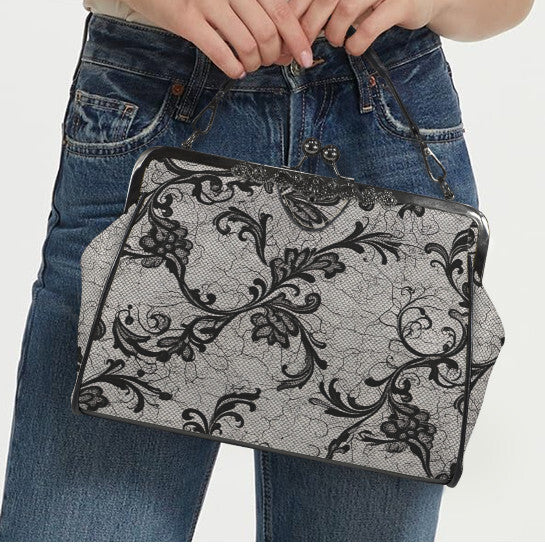 Victorian Vintage Black Lace Floral Shoulder Cross Body Hand Bag Satchel Kisslock