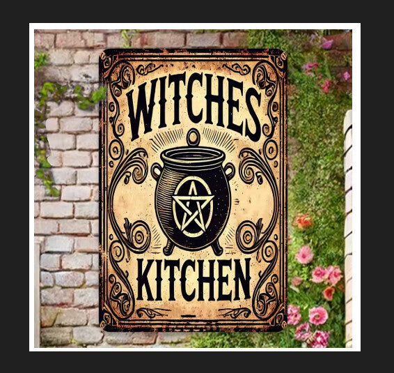 Rustic Primtive Witches Kitchen Tin Wall Art Vintage Fall Halloween Sign 8x12 Handcrafted