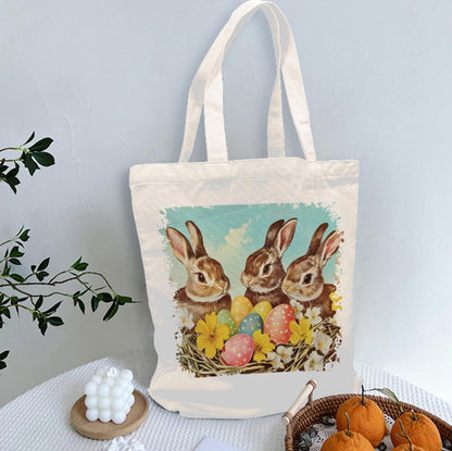 Vintage Easter Bunny Family Spring Flowers Canvas Shoulder Tote Bag 15" X 15" TerrificTrend