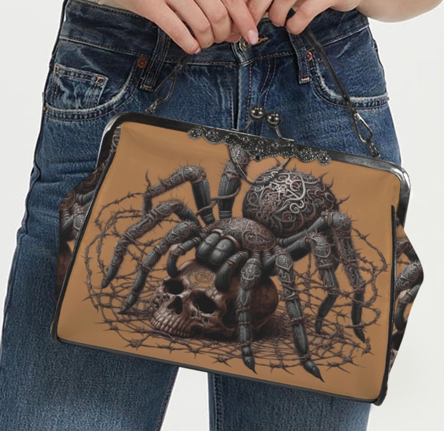 Dark Victorian Gothic Spider Black Widow Skull  Shoulder Cross Body Bag Satchel Kisslock