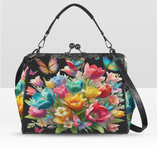 Black Multi Floral Butterfly Spring Mother's Day Shoulder Cross Body Bag Satchel Kisslock