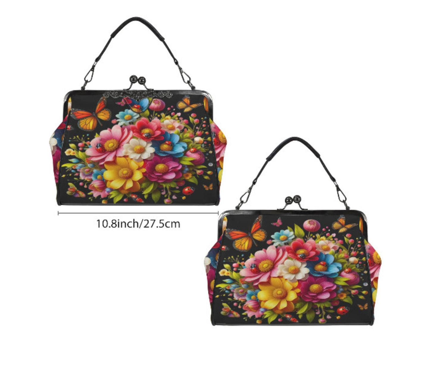 Black Multi Floral Butterfly Spring Mother's Day Shoulder Cross Body Bag Satchel Kisslock