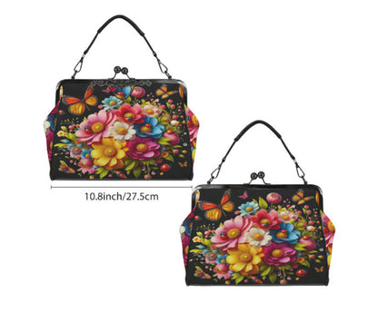 Black Multi Floral Butterfly Spring Mother's Day Shoulder Cross Body Bag Satchel Kisslock