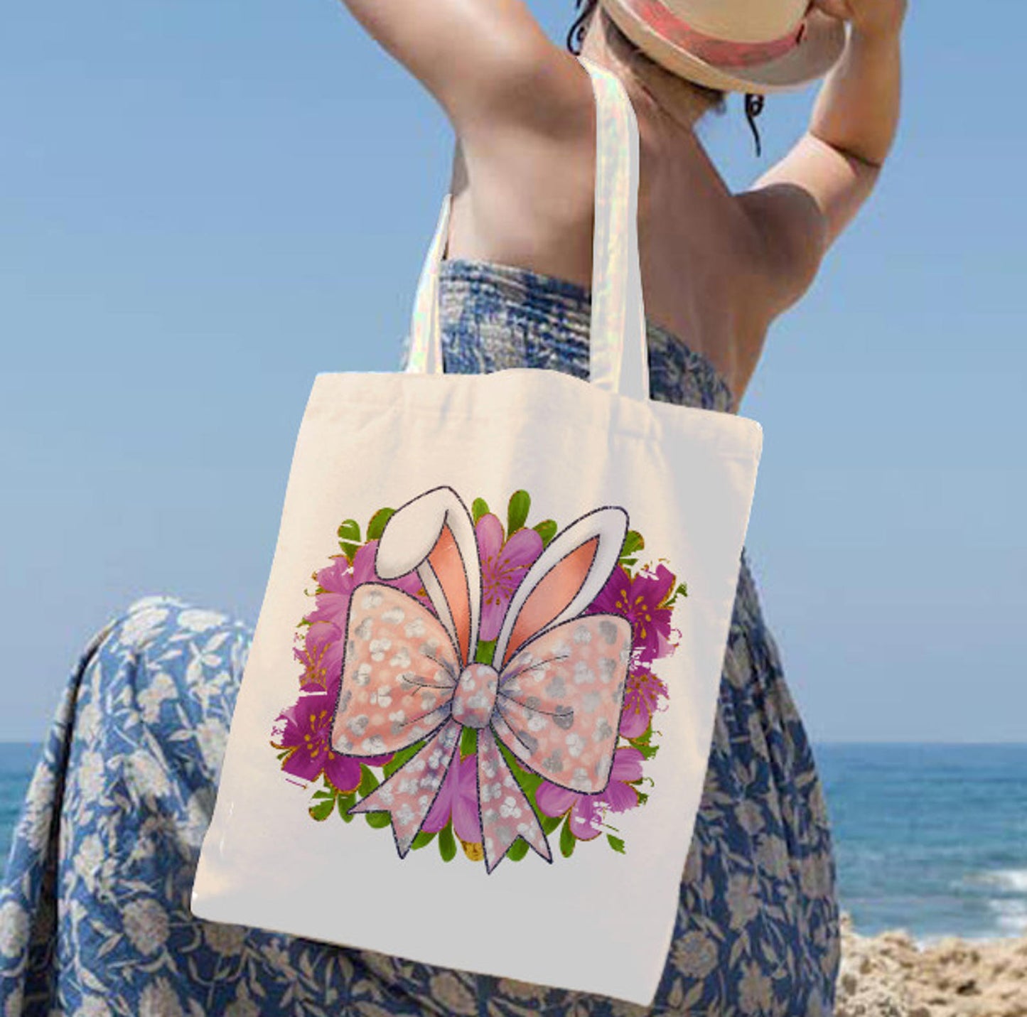 Easter Bunny Rabbit Ears Bow  Spring Flowers Canvas Shoulder Tote Bag 15" X 15" TerrificTrend