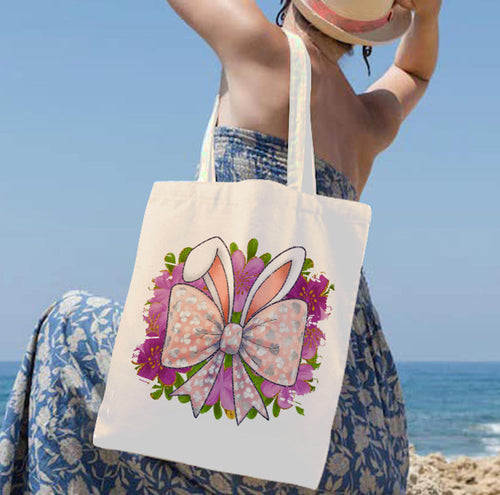 Easter Bunny Rabbit Ears Bow  Spring Flowers Canvas Shoulder Tote Bag 15" X 15" TerrificTrend