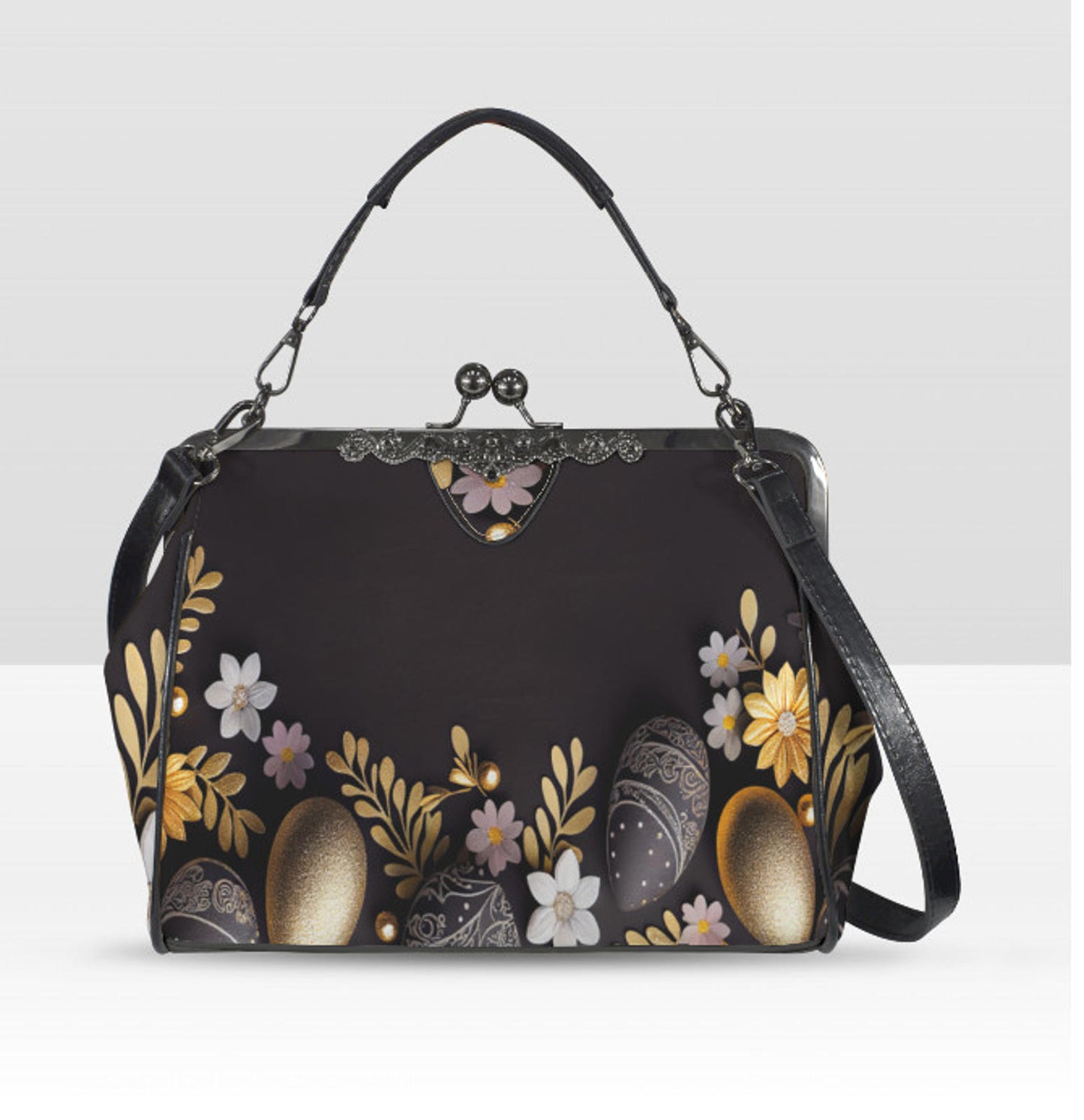 Glam Gold Black Glitter Spring Easter Egg Floral Shoulder Cross Body Bag Satchel Kisslock