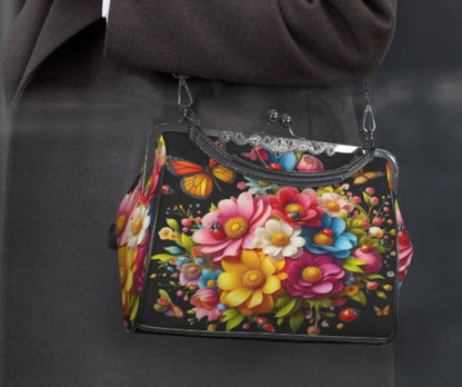 Black Multi Floral Butterfly Spring Mother's Day Shoulder Cross Body Bag Satchel Kisslock