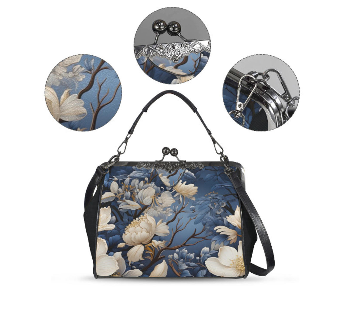 Winter Brown White Flowers Shoulder Cross Body Bag Satchel Christmas Gift Kisslock