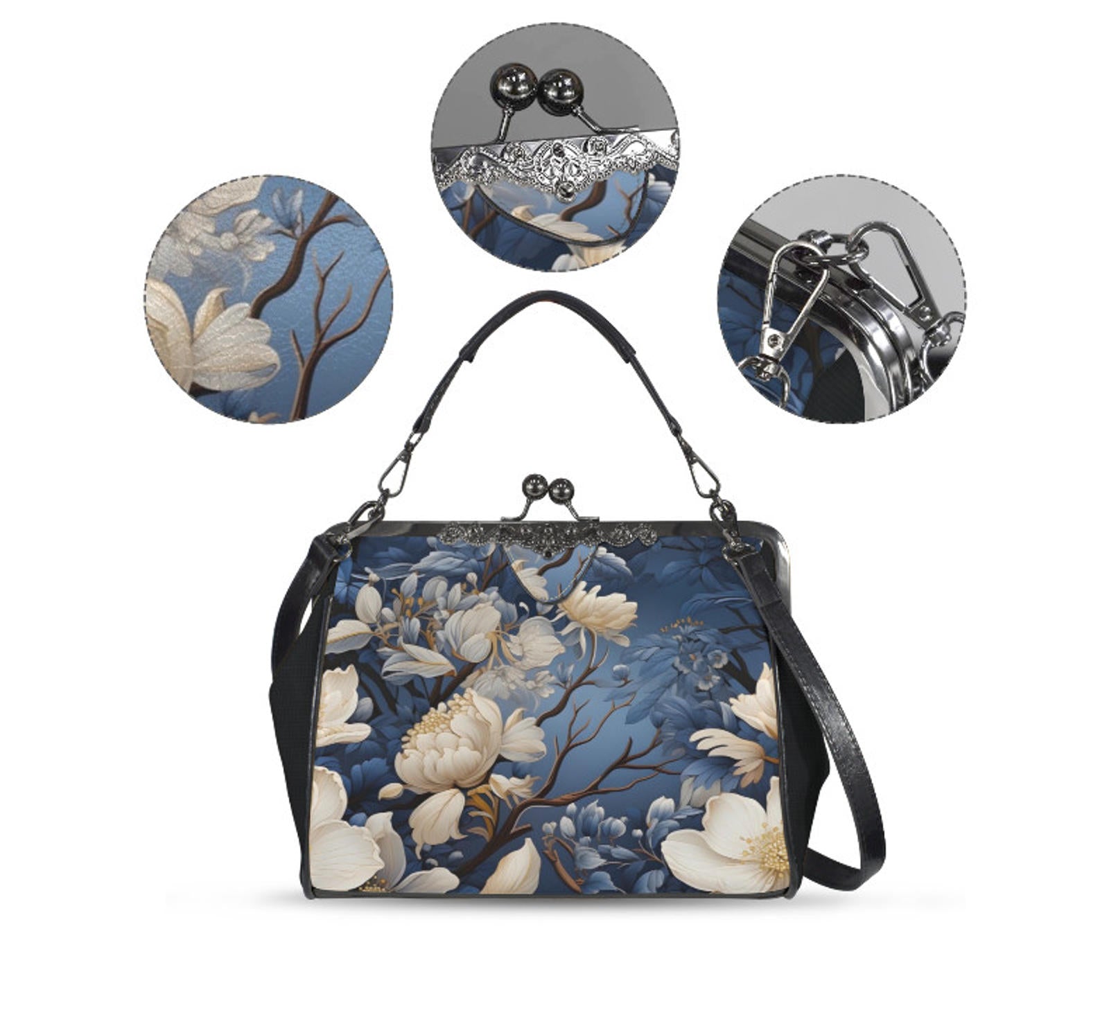 Winter Brown White Flowers Shoulder Cross Body Bag Satchel Christmas Gift Kisslock