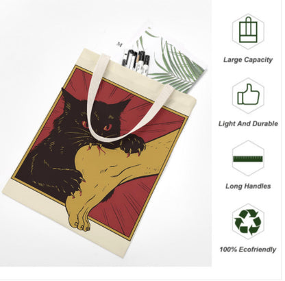 Japanese Horror Cat Art Reusable Recycled Tote Bag Print on 2 Sides 14 x 18 Terrifictrend