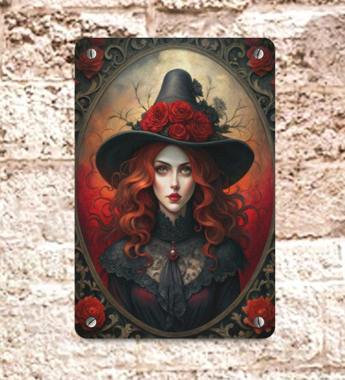 Vintage Victorian Gothic Witch Red Roses Metal Sign Halloween Wall Decor 8x12 Unbranded