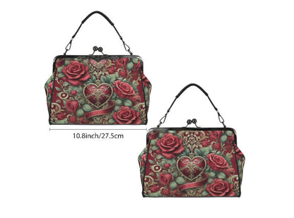 Victorian Heart Valentine's Day Red Rose  Shoulder Cross Body Hand Bag Satchel Kisslock