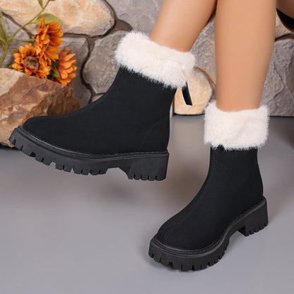 Square-heeled Snow Boots Winter Plus Velvet Platform Plush Shoes Fashion Warm Non-slip Mid-calf Boot For Women Cj