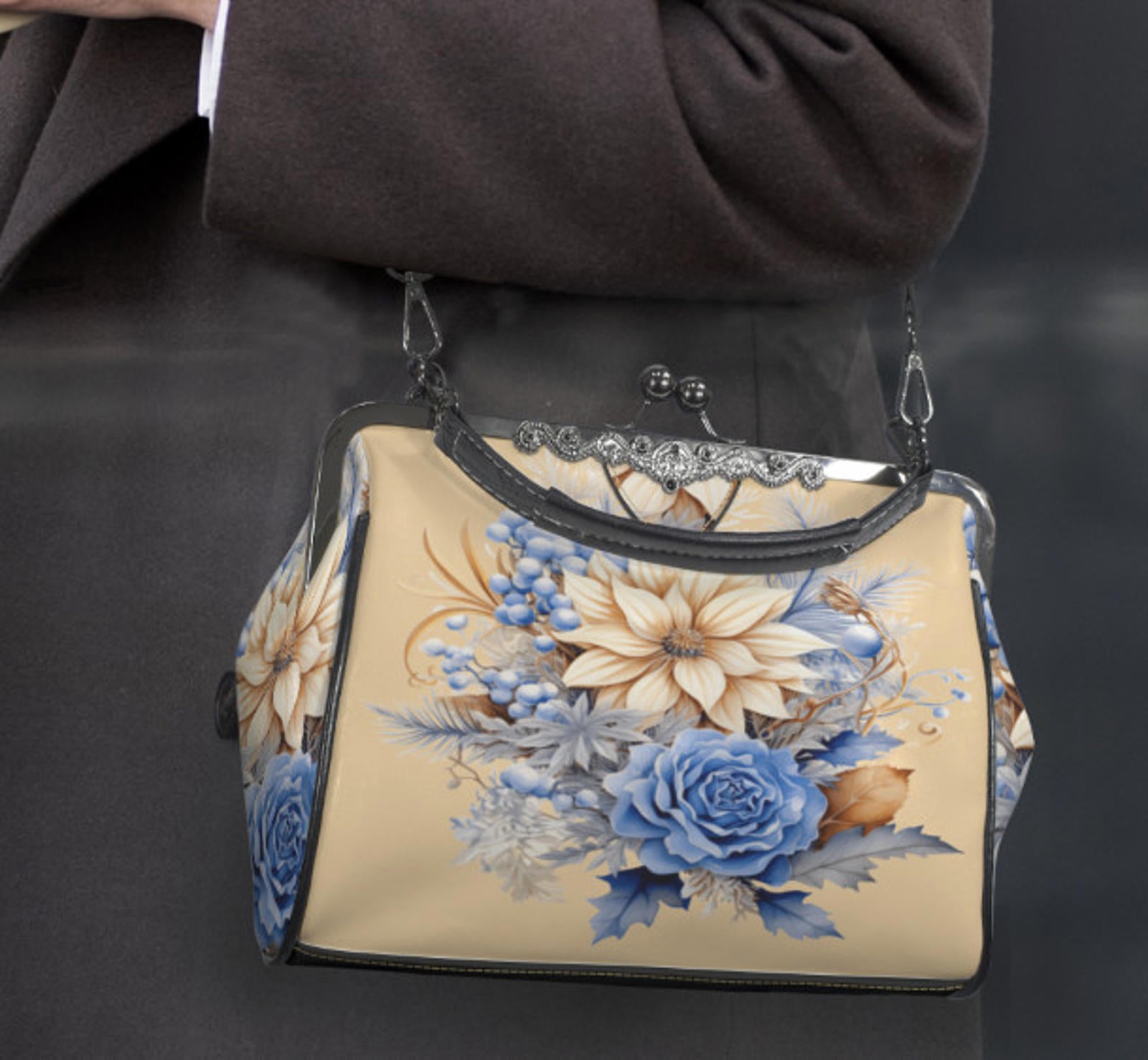 Winter Brown Gold Blue Flowers Shoulder Cross Body Bag Satchel Christmas Gift Kisslock