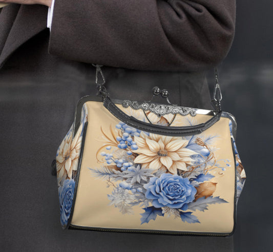 Winter Brown Gold Blue Flowers Shoulder Cross Body Bag Satchel Christmas Gift Kisslock