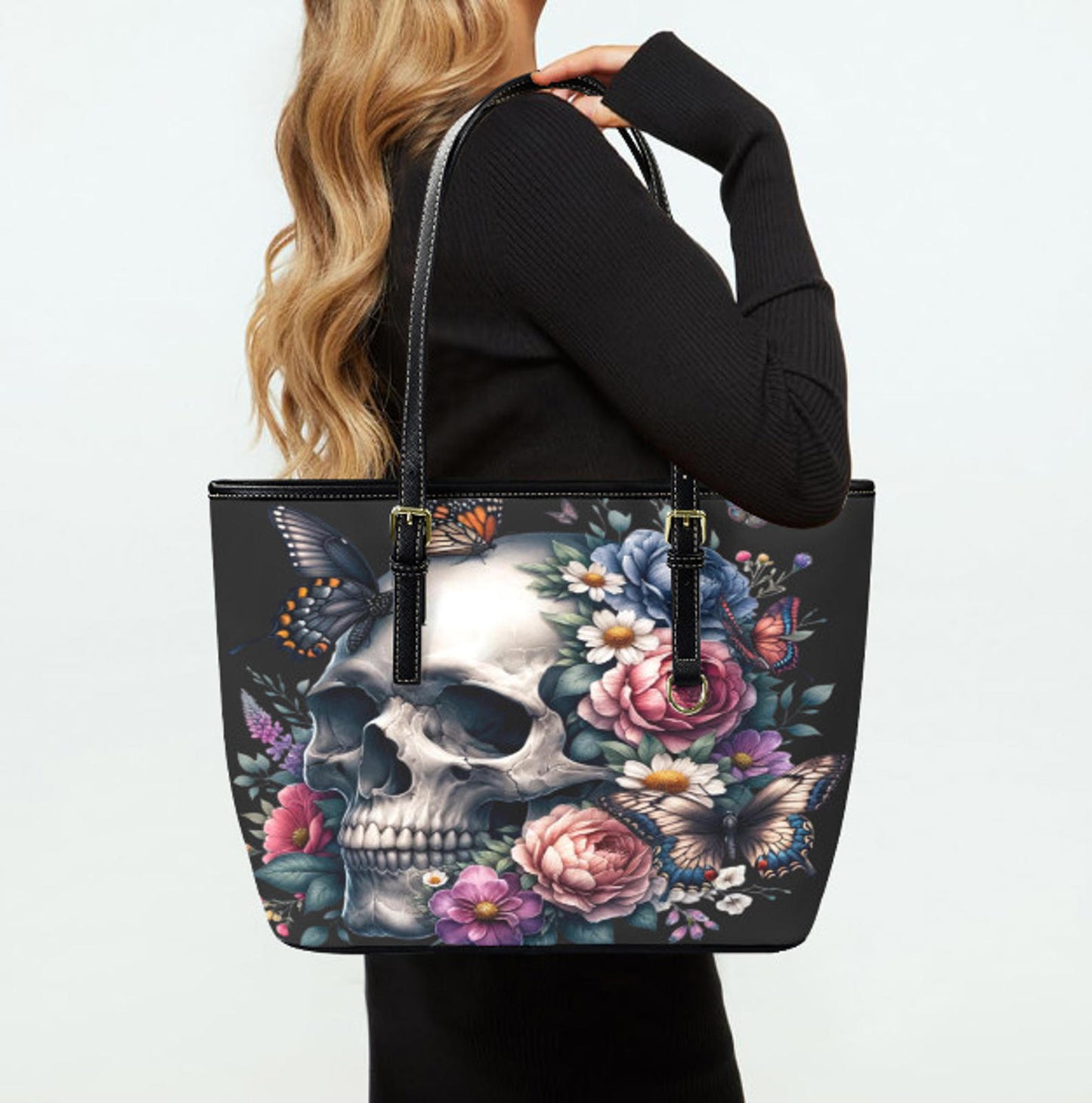 Custom Tote Hand Shoulder Bag 12 X 15 Gothic Floral Butterfly Rose Skull Gift Terrifictrend