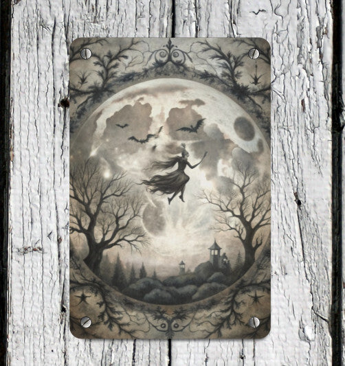 Vintage Victorian Gothic Full Moon Witch Metal Sign Halloween Wall Decor 8x12 Unbranded