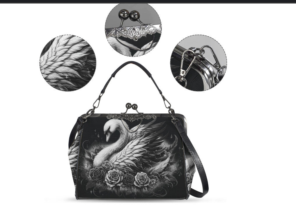 Dark Victorian Gothic White Swan Roses Shoulder Cross Body Bag Satchel Kisslock