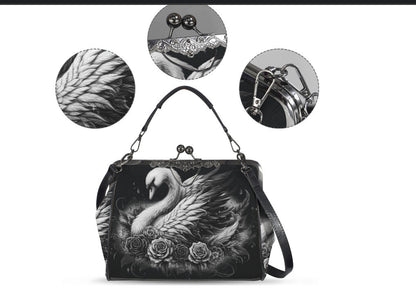 Dark Victorian Gothic White Swan Roses Shoulder Cross Body Bag Satchel Kisslock
