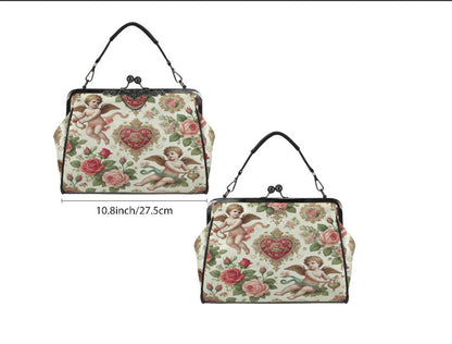 Victorian Heart Valentine's Day Cherub Rose Shoulder Cross Body Hand Bag Satchel Kisslock