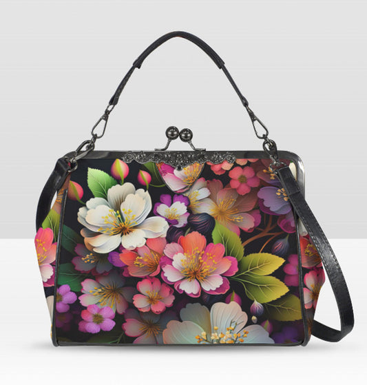 Spring Green Pink Lavender Flowers Shoulder Cross Body Bag Satchel Mother's Day Kisslock