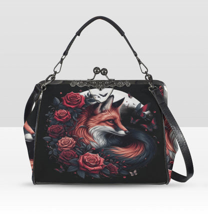 Dark Victorian Gothic Fox Moon Roses Butterfly  Shoulder Cross Body Bag Satchel Kisslock