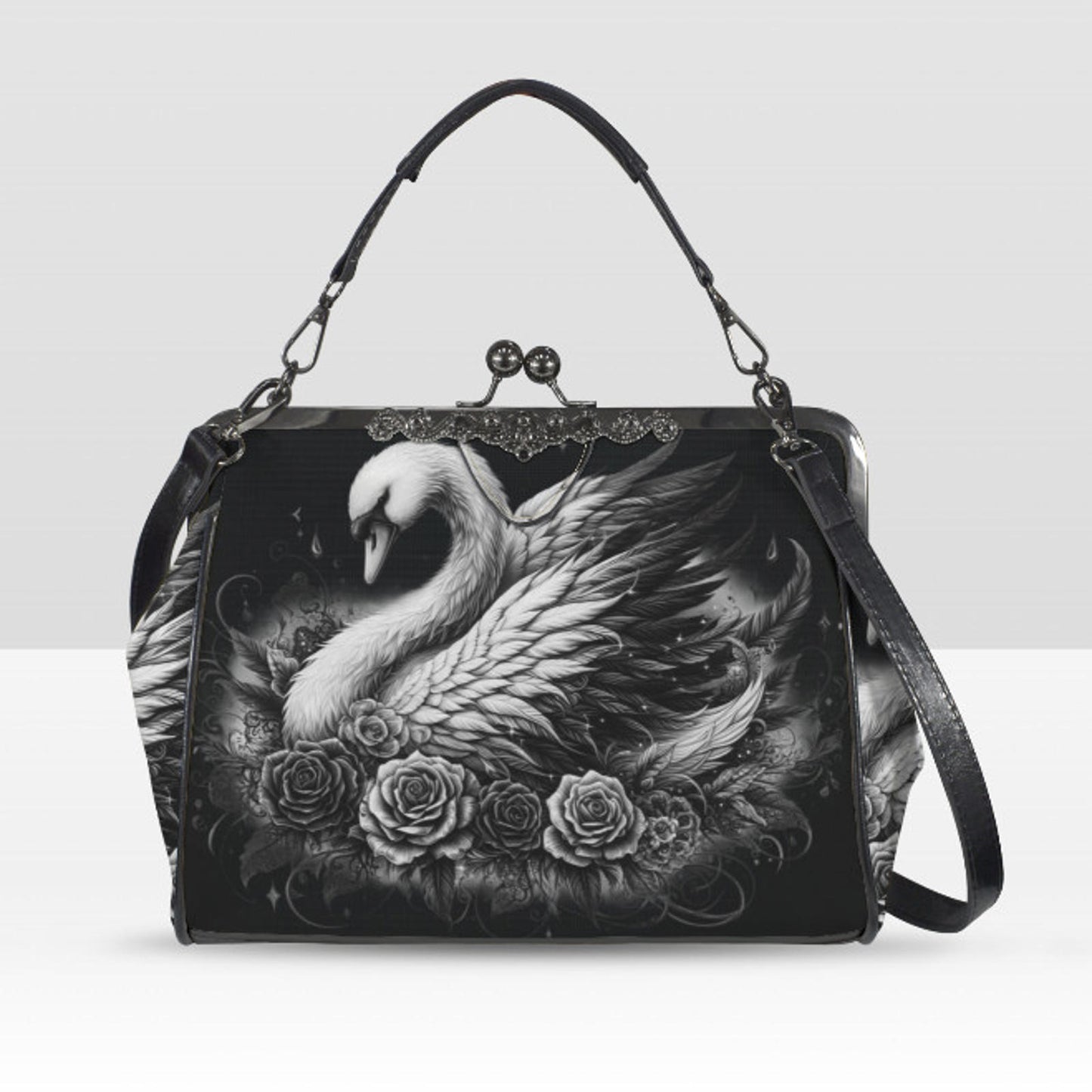 Dark Victorian Gothic White Swan Roses Shoulder Cross Body Bag Satchel Kisslock