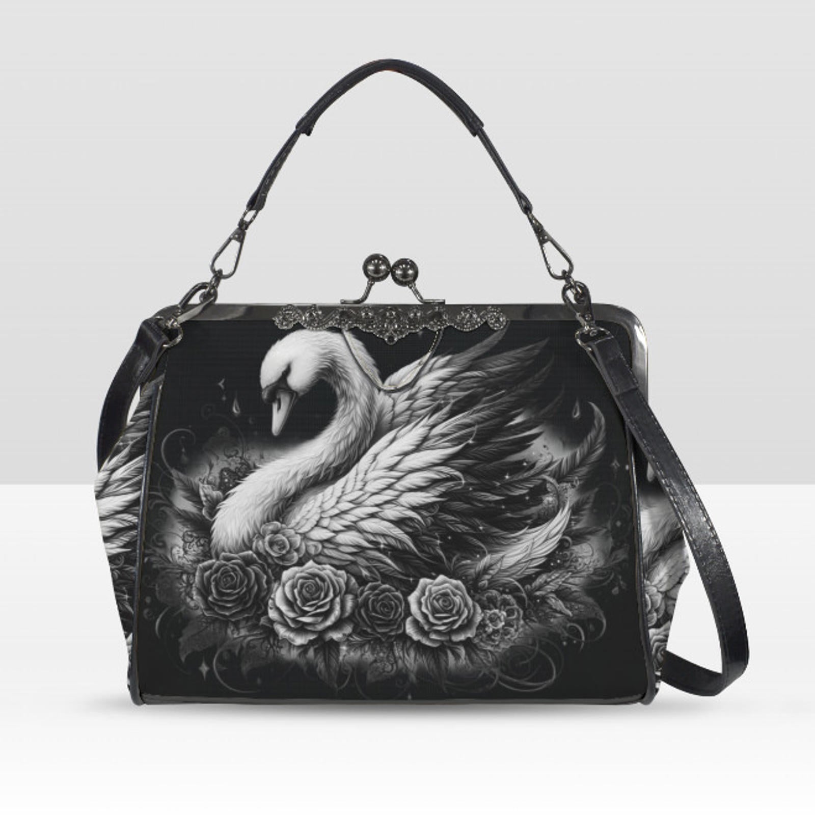 Dark Victorian Gothic White Swan Roses Shoulder Cross Body Bag Satchel Kisslock