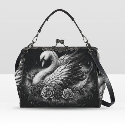 Dark Victorian Gothic White Swan Roses Shoulder Cross Body Bag Satchel Kisslock
