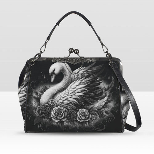 Dark Victorian Gothic White Swan Roses Shoulder Cross Body Bag Satchel Kisslock