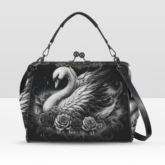 Dark Victorian Gothic White Swan Roses Shoulder Cross Body Bag Satchel Kisslock