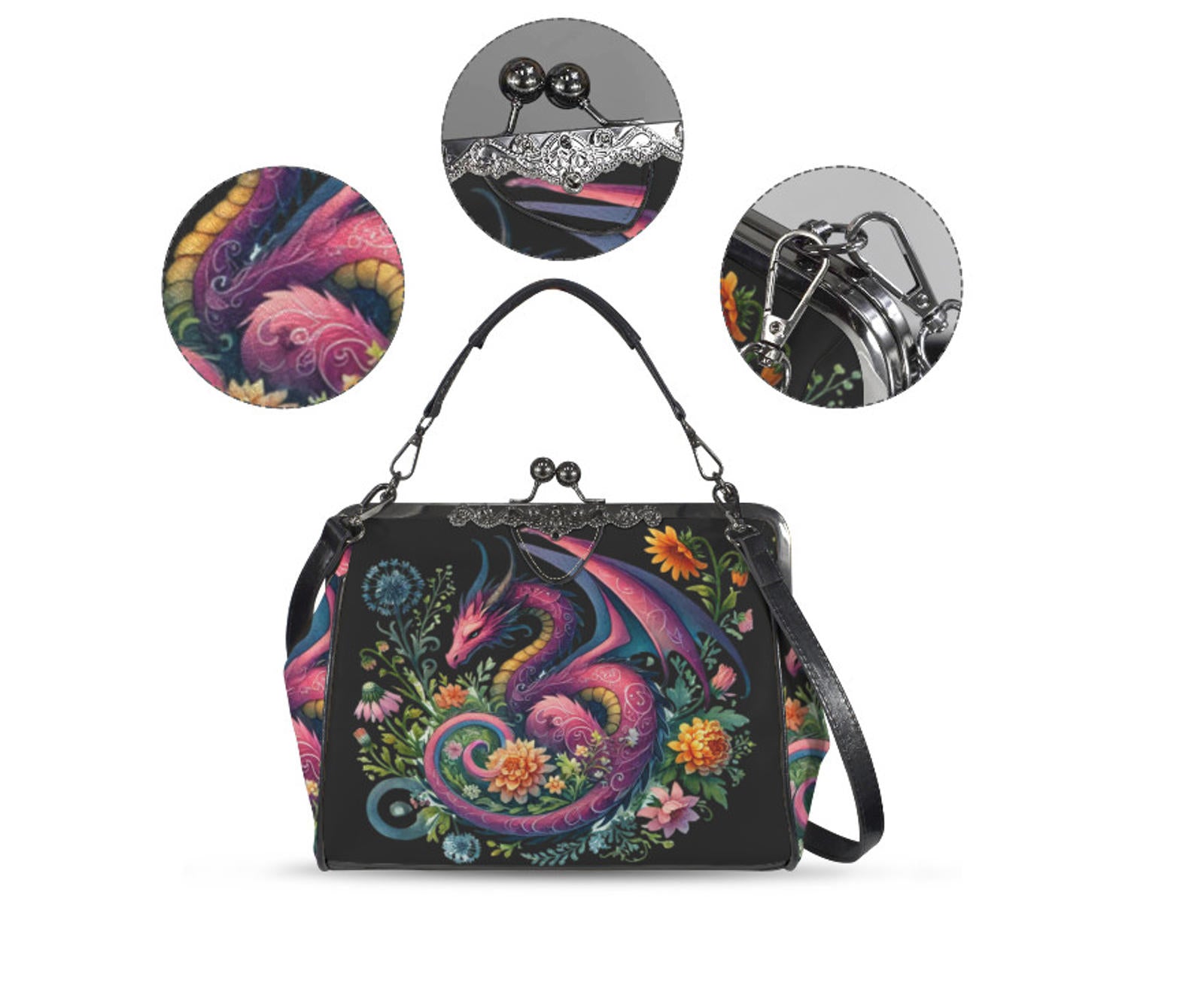 Gothic Mystical Floral Dragon Spring Colors Shoulder Cross Body Bag Satchel Kisslock