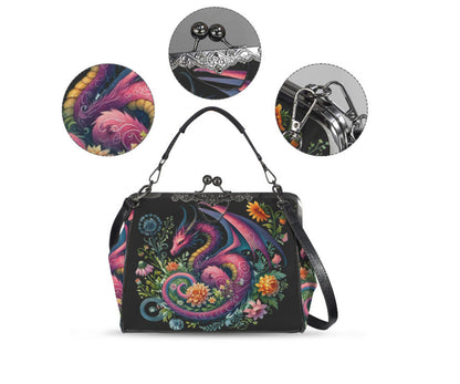 Gothic Mystical Floral Dragon Spring Colors Shoulder Cross Body Bag Satchel Kisslock