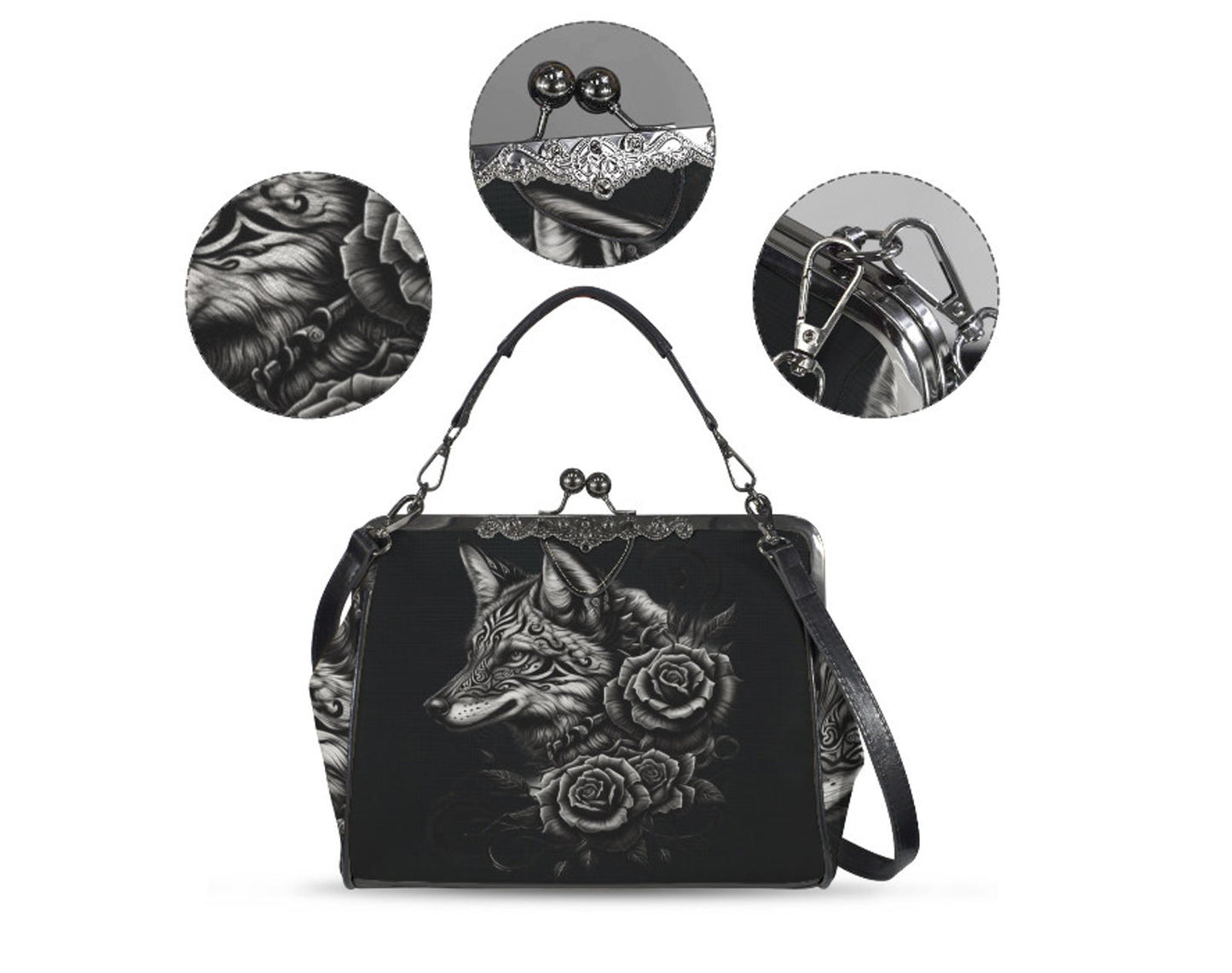 Dark Victorian Gothic Art Fox Wolf with Flowers Shoulder Cross Body Bag Satchel Kisslock