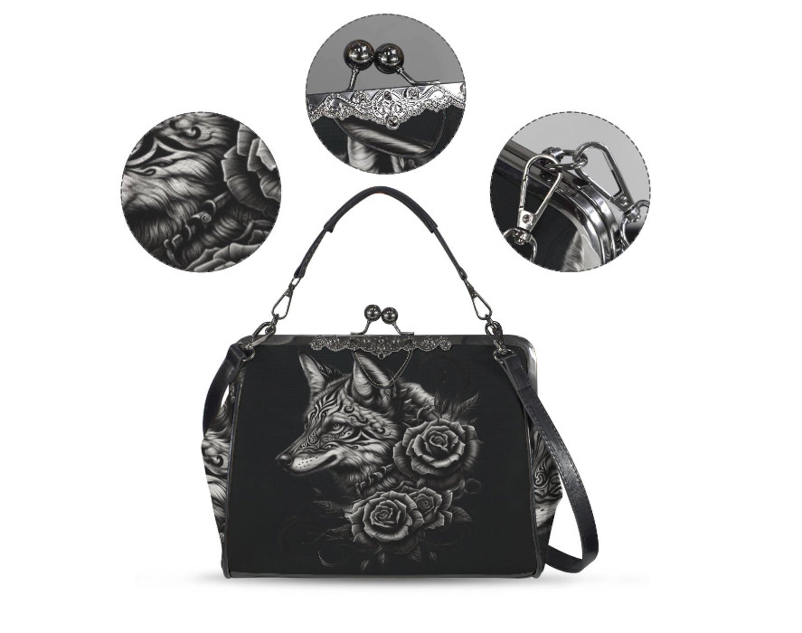 Dark Victorian Gothic Art Fox Wolf with Flowers Shoulder Cross Body Bag Satchel Kisslock