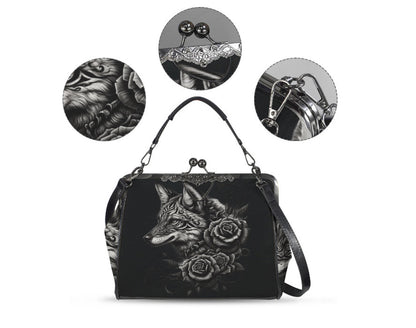 Dark Victorian Gothic Art Fox Wolf with Flowers Shoulder Cross Body Bag Satchel Kisslock