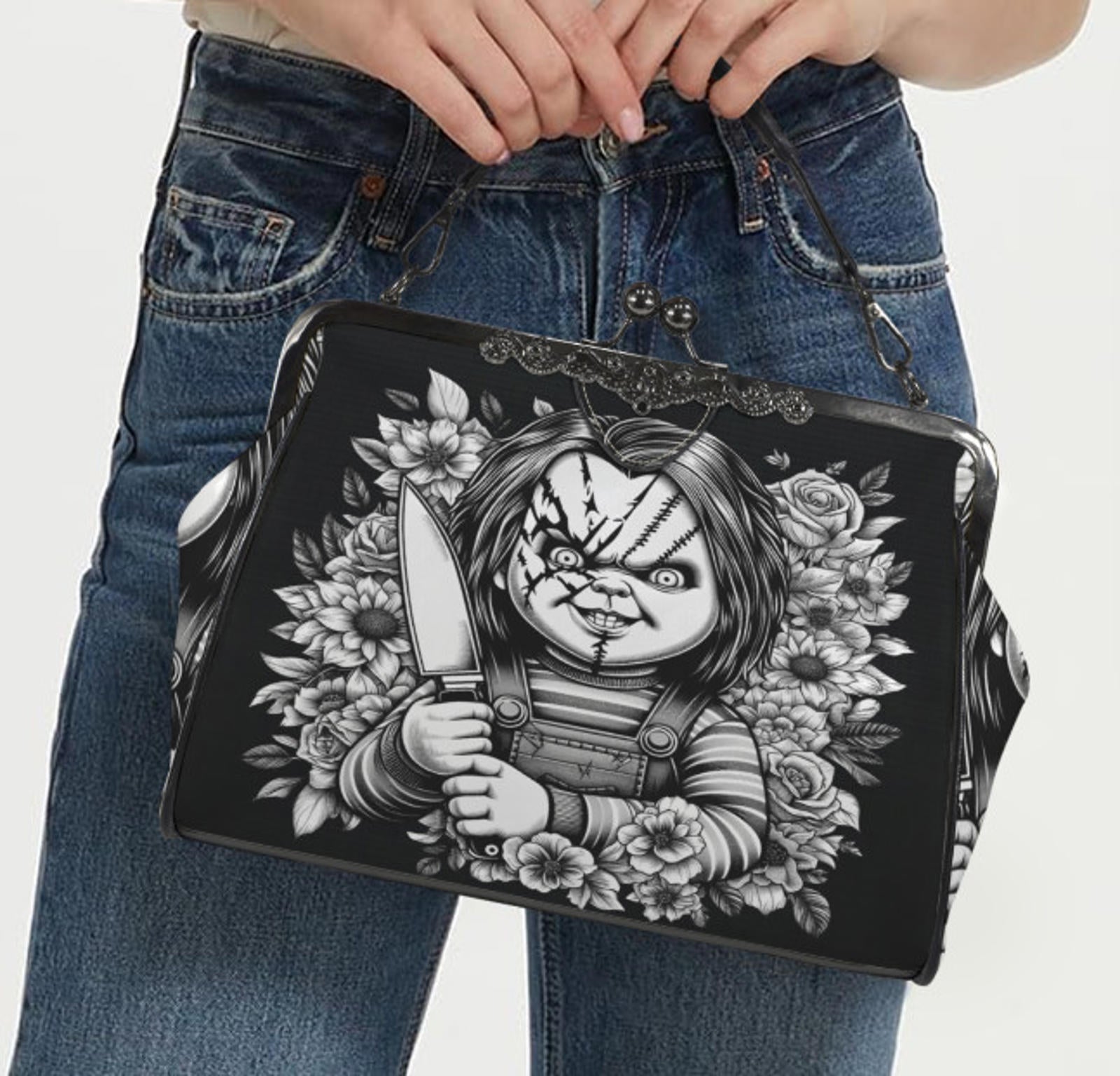 Horror Scarred Chucky Halloween Floral Shoulder Cross Body Bag Satchel NEW Kisslock